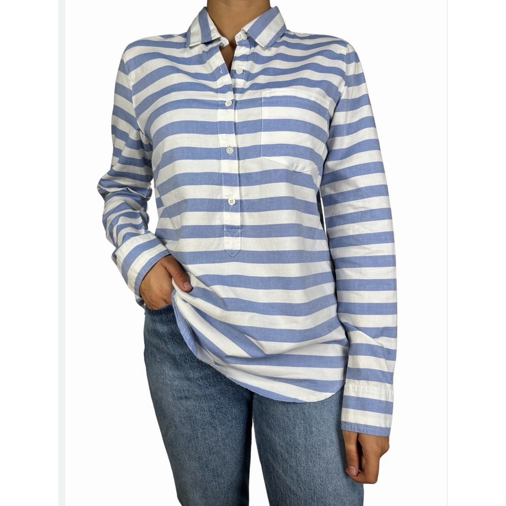 J.Crew Blue White Stripe Popover Shirt Cotton Nautical Coastal Casual - Medium/8